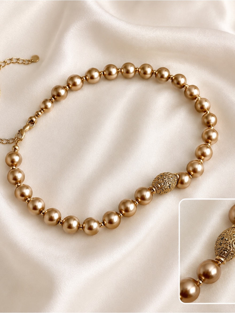 Champagne Faux Pearl Jewelry Set Necklace Bracelet Earrings - Picture 3 of 6